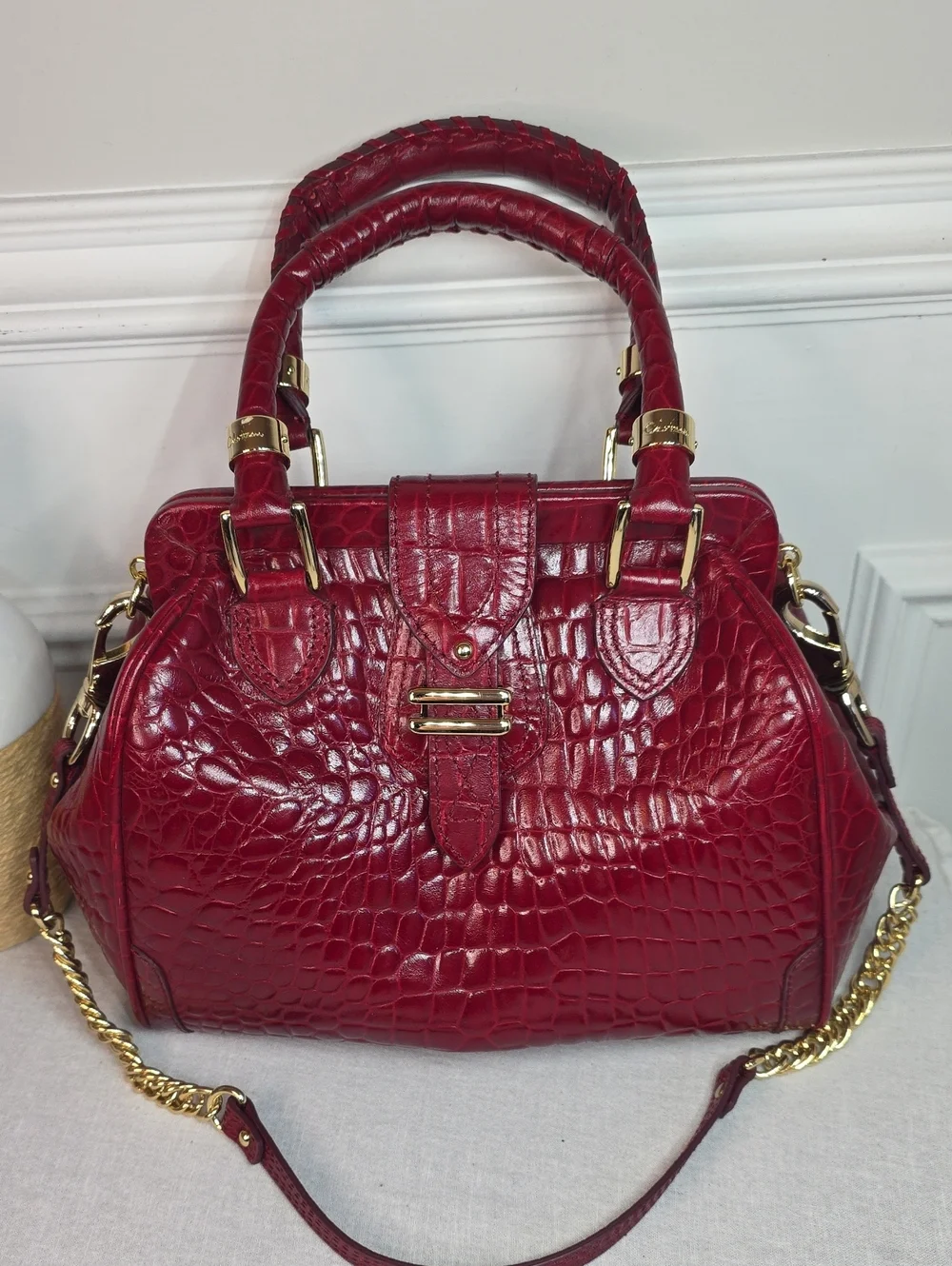 Cole Haan Vintage Red Croc-Embossed Satchel with Gold Hardware